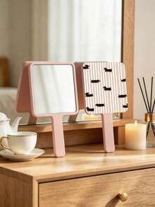 1Pc Striped Puppy Holding A Makeup Mirror. Square High-Definition Mirror With Handle, Portable Vanity Mirror, Suitable For Daily Makeup And Travel. - Multicolor - View 2