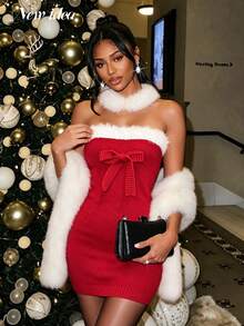 NEW IDEA Women Christmas Red Fall Winter Sweater Dress, Faux Fur Trim Strapless Bodycon Mini Dress With Front Bow For Holiday Party - Red - View 6