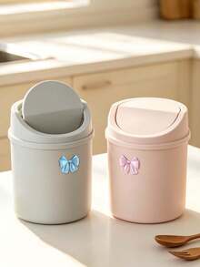 Cute Desktop Trash Can With Bow Decor,Mini Table Waste Bin,Portable Countertop Garbage Bucket,Flip Cover With Lid,For Bedroom,Dorm,Office,Makeup Desk,Countertop,Home Essentials,Unique Birthday Gift,Back-To-School Gift,Holidays Gift,Parties Gift - Multicolor - View 3