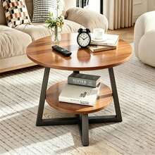 Mesa de centro redonda de 2 niveles, mesa auxiliar de madera decon estante de almacenamiento, mesas de madera para sala de estar, mesa de acento que ahorra - Marrón - Ver 3