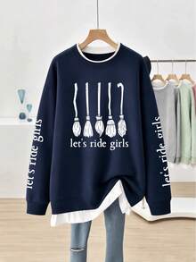 Plus Size Women's 2 In 1 Sweatshirt, Witch Broom Fun Graphic Print, Sleeve Letter Print, Loose Casual Drop Shoulder Long Sleeve Pullover - Navy Blue - View 1