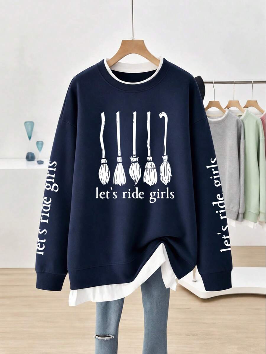 Plus Size Women's 2 In 1 Sweatshirt, Witch Broom Fun Graphic Print, Sleeve Letter Print, Loose Casual Drop Shoulder Long Sleeve Pullover - Navy Blue - View 1