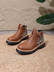 Sepatu Boot Ankle Wanita Klasik Vintage Motif Macan Tutul Patchwork dengan Gesper Logam, Slip-On, Fashion Serbaguna - Coklat - View 1