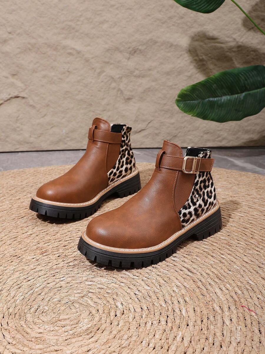Sepatu Boot Ankle Wanita Klasik Vintage Motif Macan Tutul Patchwork dengan Gesper Logam, Slip-On, Fashion Serbaguna - Coklat - View 1