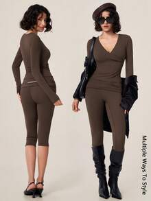 TimeOff Women's One Set Solid Color Cross V-Neck Long Sleeve V-Fold High Waist Mid-Length Pants Set - Brown - View 11