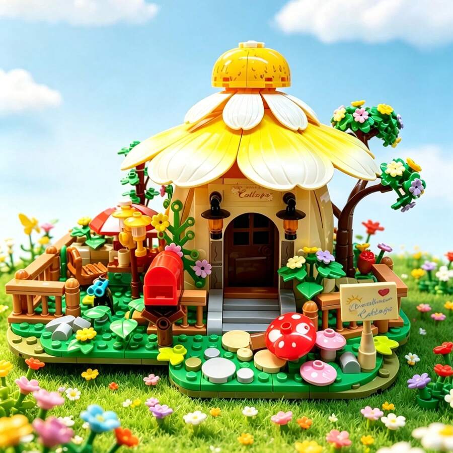 701 PIECES Fantasy Flower House Building Set, Sunflower And Lily Petal Roof House Model, DIY Handmade Assembly Of Small Granular Bricks, Exquisite Garden Scene, Cute Desktop Decorative Item, Collector's Grade Fairy House Building Set - Multicolor - View 1