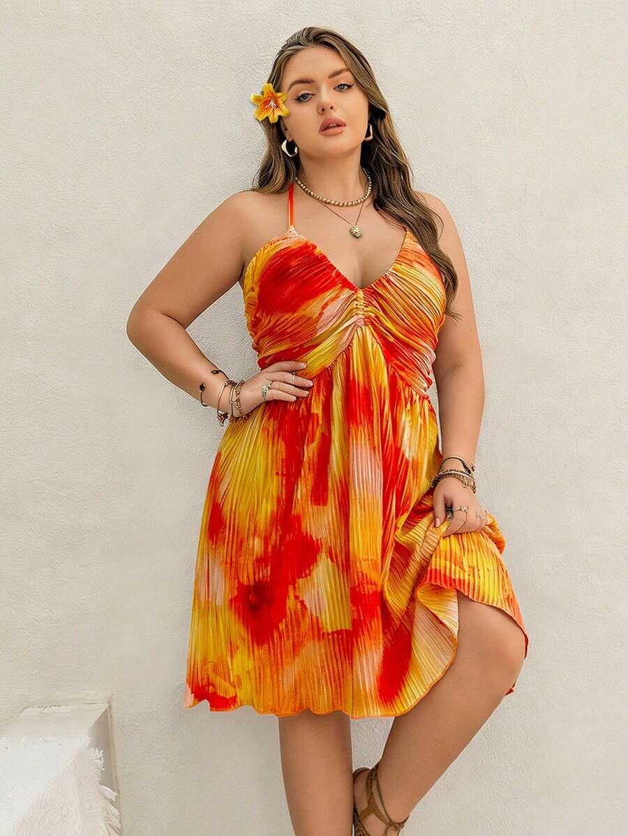 Rusttydustty Plus Size Women's Orange-Yellow Backless Casual Vacation Halter Neck Dress, Bohemian Style, Suitable For Autumn, Halloween - Orange - View 1