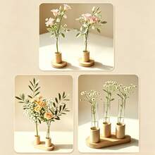 Test Tube Vase With Wooden Base, Clear Glass Hydroponic Flower Holder, Minimalist Tabletop Floral Decor, 1-Tube (2Pcs/Set), 2-Tube & 3-Tube (1Pc/Set) - 3 Styles - View 1