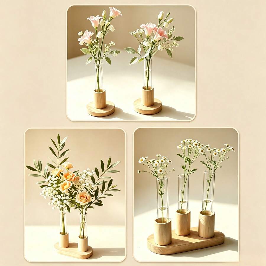Test Tube Vase With Wooden Base, Clear Glass Hydroponic Flower Holder, Minimalist Tabletop Floral Decor, 1-Tube (2Pcs/Set), 2-Tube & 3-Tube (1Pc/Set) - 3 Styles - View 1