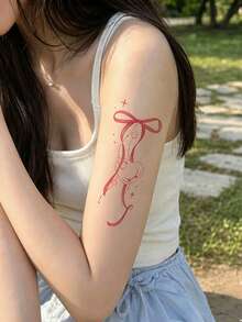 1 Sheet Pink Bow Heart Temporary Tattoo Stickers, Gradient Ribbon With Dotted Line Fake Tattoos, Sweet Girly Aesthetic Body Art For Women, Waterproof Upper Arm Decor - Multicolor - View 4