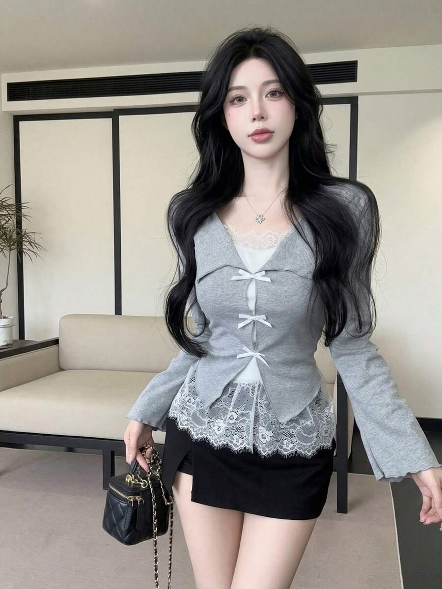 女款蕾絲拼接蝴蝶結修身長袖襯衫,春季/秋季 - 灰色 - 查看 1