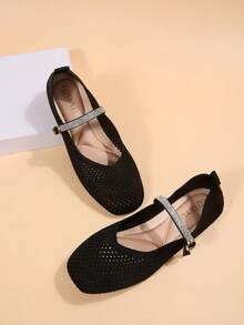 One-Strap Mary Jane Flat Shoes, Mesh Upper, Ankle Strap With Rhinestone Decoration - Black - View 3