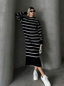 Sweater Dress; Women Striped Pattern Drop Shoulder Polo Neck, 26 Fall/ Winter New - Black - View 9