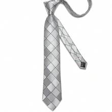 Men's Tie 4pcs Set Silver Grey Fine Plaid Pattern Handkerchief Cufflinks Silver Tie Clip Business Wedding Formal Outfit Matching - Light Grey - View 3
