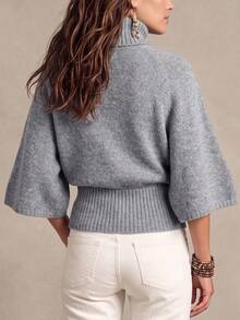 Women's Solid Color Turtleneck 3/4 Sleeve Sweater, Casual Elegant Knit Top, Comfortable For Office Home Daily Wear, Autumn Winter - Grey - View 9
