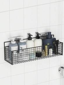 1 Wall-Mounted Bathroom Storage Rack, Perforated Bathroom Clothes Rack, Multi-Functional Storage Basket, Shampoo And Body Wash Holder, Bathroom Accessories, Bathroom Storage, School Supplies, College Dorm Bathroom Rack, And Back To School Essentials. - Black - View 19