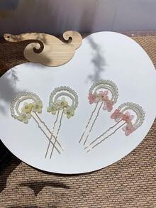 1pc Vintage Small Flower Pearl U-Shaped Hair Pin, Personalized Hair Accessory For Girls, Suitable For Party And Ball Decoration - Multicolor - View 4