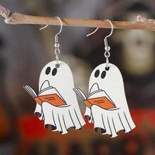 Whimsical Halloween Cute Bookworm Ghost Pendant Earrings, Vintage Wooden Gothic Party Double-Sided Ear Accessories, Bookworm Theme, Spooky Semester Jewelry, Gift For Women, Book Lovers, Party Enthusiasts And Halloween Fans, Library Gothic Style Accessory - Multicolor - View 10