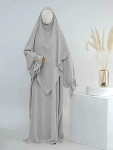 Solid Light Gray Textured Loose Khimars Robe Set, Ruffle Flare Sleeve Elegant Jilbab Long Dress, Muslim Women Casual Islamic Prayer Outfit - Multicolor - View 6