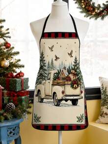 1pc Vintage Christmas Theme Kitchen Apron, Printed With Cozy Winter Country Truck And Evergreen Christmas Tree Pattern, Perfect For Holiday Baking, Family Gatherings, Creating Nostalgic Holiday Atmosphere, Holiday Essential - Multicolor 2 - View 5