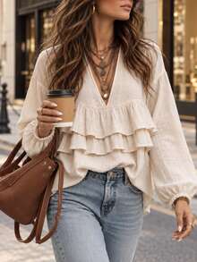 Beige Deep V-Neck Multi-Layer Ruffle Women's Blouse, Autumn Elegant Bohemian Style Loose Long Sleeve Top - Beige - View 3