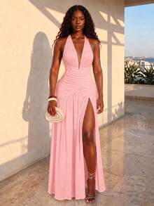 Sexy Halter Neck Tie Deep V-Neck High Slit Patchwork Pleated Backless Knit Dress - Pink - View 5