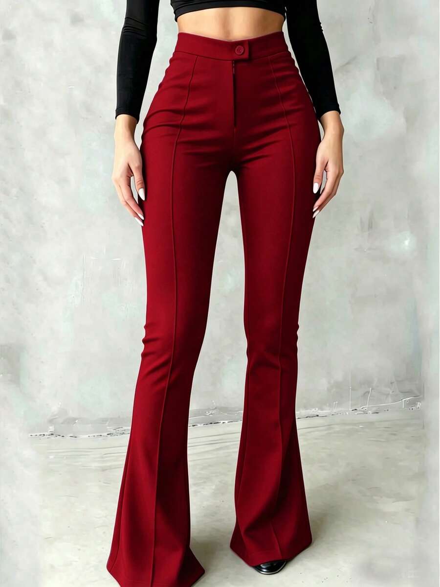 Celana Panjang Wanita Model Flare Pinggang Tinggi, Detail Jahitan Depan, Kain Elastis, Cocok untuk Sehari-hari, Acara Formal, dan Pesta - Burgundy - View 1