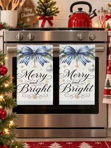 聖誕毛巾 Merry And Bright 裝飾性廚房手巾 松枝條紋蝴蝶結雪花星星掛飾 節日禮物家居裝飾 廚房浴室毛巾 - 彩色 - 查看 2