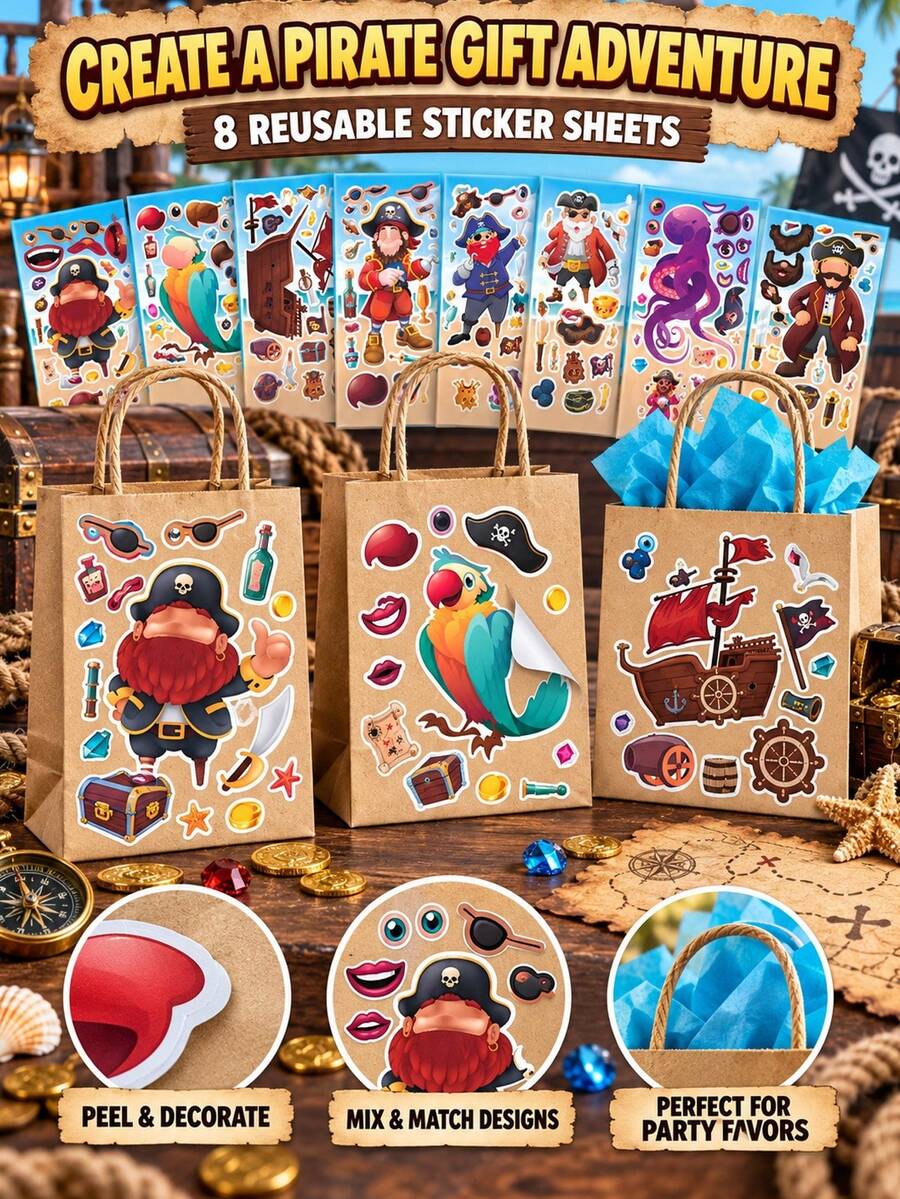 Build A Pirate Educational Puzzle Stickers Sheets, Parent-Child Interactive DIY Make A Face Parrot Ship Octopus Craft Decals For Happy Birthday Decorations, Halloween Theme Party Celebration Games Supplies - Multicolor - View 1