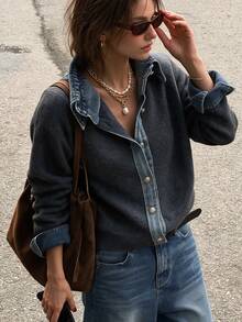 Vintage Preppy Style Denim Collar Knit Cardigan Jacket, Long Sleeve Button Down Loose Women Autumn Daily Sweater Coat - Grey - View 3