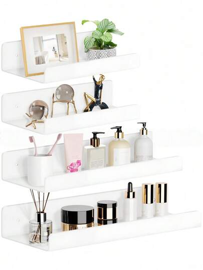 1PC White Floating Wall-Mounted Storage Shelf, Multifunctional Acrylic Organizer Rack, Wall-Mounted Storage Shelf, Suitable For Cosmetics, Toiletries, Perfume & Nail Polish, Ideal For Bedroom, Washroom, Kitchen, Bathroom, Office & Living Room Decor