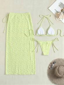 Women's Yellow Spaghetti Strap Ditsy Floral 3 Pieces Bikini Set, Comfortable High Elastic Fabric, Perfect For Spring/Summer Beach Vacation - Multicolor - View 3