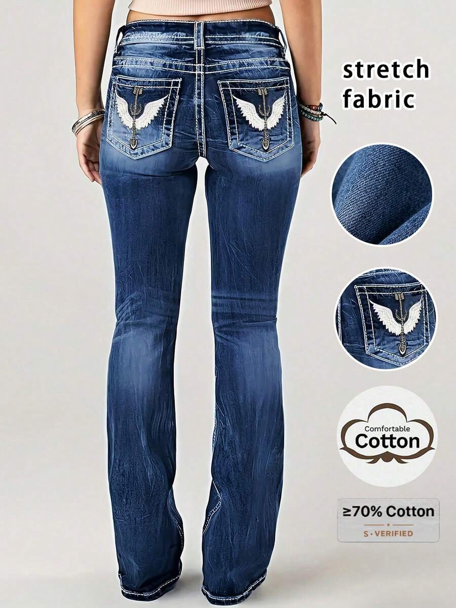 Celana Panjang Denim Wanita Model Flare dengan Bordir Sayap dan Saku, Gaya Kasual Musim Gugur