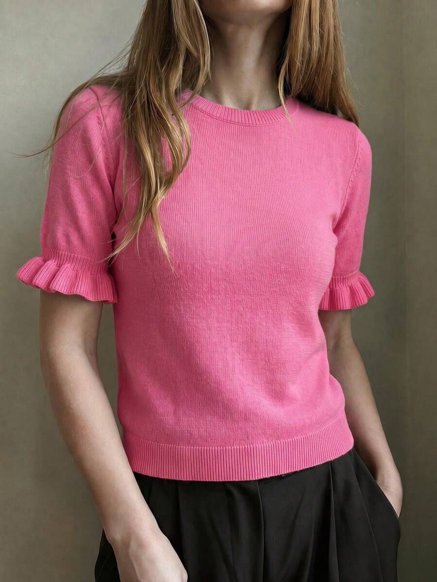 Women's Casual Yellow Round Neck Ruffle Short Sleeve Loose Fit T-Shirt, Spring/Summer Style, Suitable For Dating And Daily Wear - Hot Pink - View 1