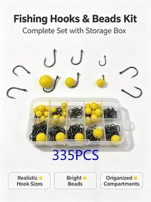 335pcs Multi-Size Fishing Hook Set With Assorted Yellow Floating Beads, Divided Storage Box, Sharp & Durable Soft Bait Beads With Good Buoyancy, Freshwater And Saltwater Fishing Tackle Accessory Combo Kit - Silver - View 1