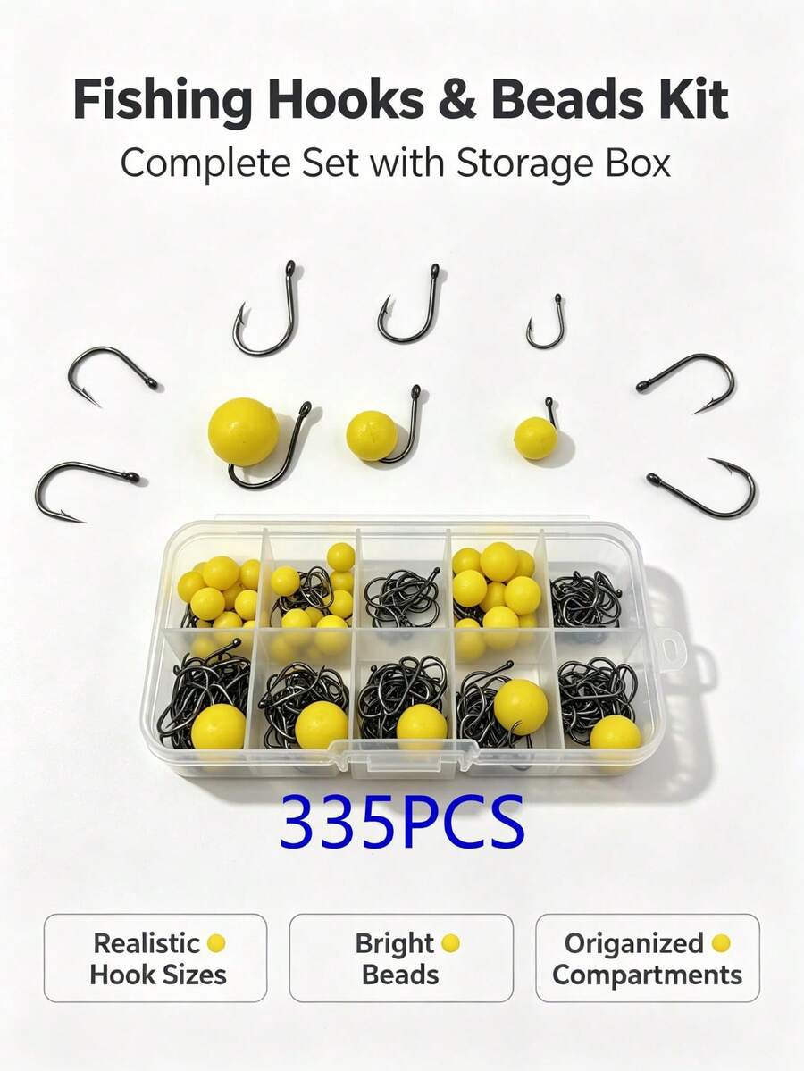 335pcs Multi-Size Fishing Hook Set With Assorted Yellow Floating Beads, Divided Storage Box, Sharp & Durable Soft Bait Beads With Good Buoyancy, Freshwater And Saltwater Fishing Tackle Accessory Combo Kit - Silver - View 1