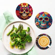 Halloween Wooden Round Coasters, Colorful Candy Skull & Floral Pattern Heat-Resistant Pads, Suitable For Home Kitchen Dining Table Party, Winter Holiday, Protect Desktop Decor, Halloween Decoration Gift - Coaster LDX2752 - View 7