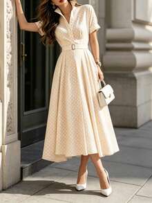 DONICY Women's Beige Polka Dot Lapel Short Sleeve Belted Mid-Length Dress, Elegant For Office And Casual Daily Wear - Apricot - View 4