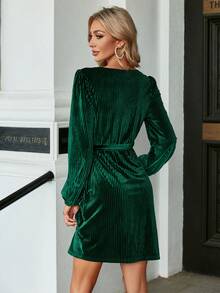 Simplee Women's Autumn/Winter New Green Velvet Criss-Cross Wrap Long Sleeve Short Dress, Suitable For Party, Date Wear - Dark Green - View 6