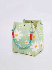 Women's Knitted Bucket Handbag, White Daisy Floral Pattern, Knitted Fabric, Metal O-Ring And Snap Closure, Colorful Woven Handle, Fresh Style Spring/Summer - Green - View 4