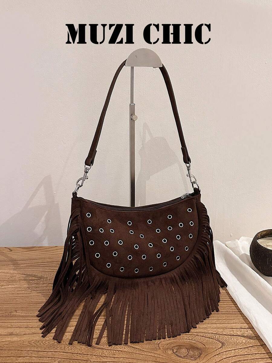 Shoulder Bag With Semi-Circular Body, Decorated With Tassels And Metal Eyelets, Adjustable Strap For Shoulder Carry. Moderate Capacity To Store Essential Personal Items, Unique Vintage Style Suitable For Daily Outings, Effortlessly Enhancing Overall Outfit Style. - Coffee Brown - View 1