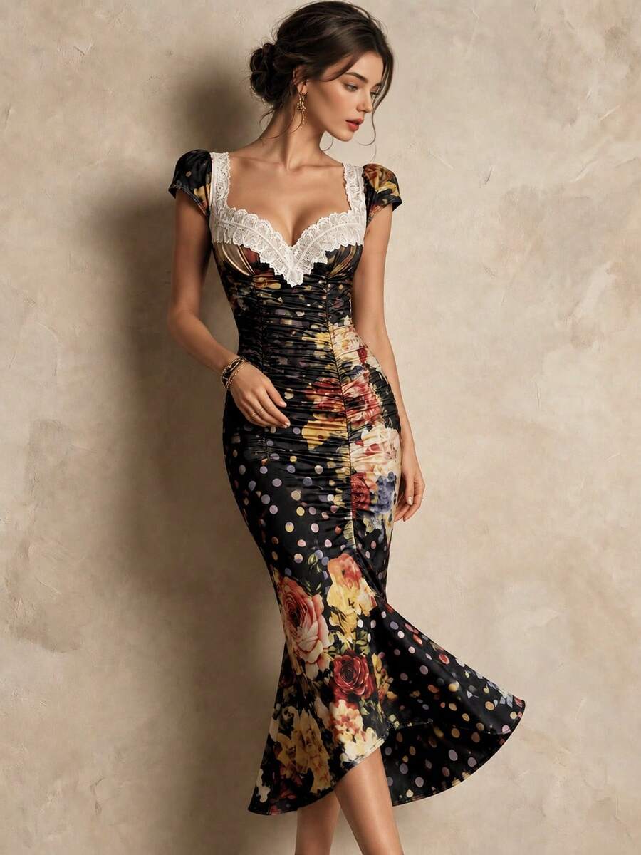 ELYRADIA Sexy Floral Polka Dot Print Fitted Midi Dress For Women, Summer Lace Trim Flutter Sleeve Ruched Chest Flared Hem Flowy Vintage Party Dress - Black - View 1