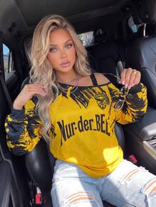 Kaos Panjang Wanita Gaya Jersey Dortmund Kasual dengan Kerah Asimetris dan Renda Warna Kontras, Ukuran Besar, Cocok untuk Pemakaian Sehari-hari dan Kegiatan Musim Gugur/Dingin - Kuning - View 1