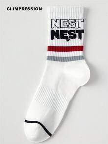 CLIMPRESSION Men's Pure Cotton Mid-Calf Socks, Classic Letter NEST Print, Red & Grey Striped Cuff, Breathable Preppy Casual Socks - White - View 3