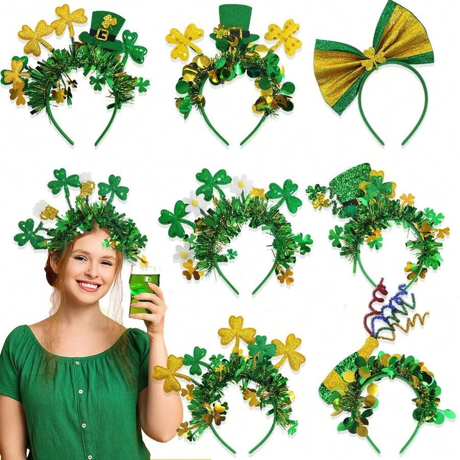1pc Creative Party Decoration Colorful Strip Headband, Gold & Green Shamrock Headpiece Hat, Carnival Party Hair Hoop Costume Hat Headband - Multicolor - View 1