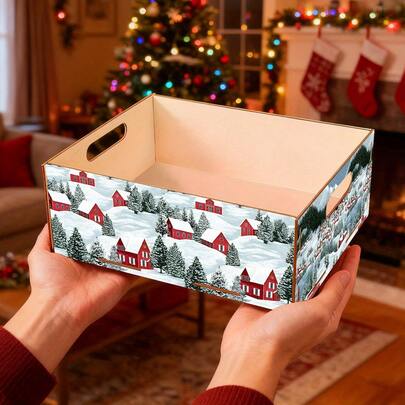 2D Flat Snowy Village Pattern Wooden Christmas Storage Box, Wood Grain Rectangular Gift Box, Suitable For Holiday Decoration, Jewelry Storage And Gift Packaging, Christmas Decor