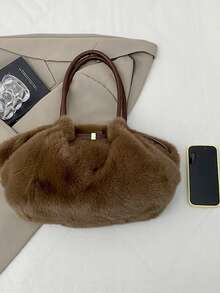 Soft Fuzzy Plush Tote Bag, Winter Retro Shoulder Bag, Large Capacity Handbag With PU Leather Handles Suitable For Office Shopping Daily Used Commuting - Coffee - View 7