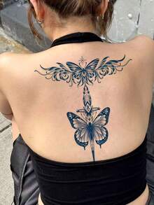 4Pcs Herbal Temporary Tattoo Stickers, Butterfly & Pattern Body Art, Blue Ink Realistic Fake Tattoos For Waist, Thigh, Arm, Elegant Floral Swirl Design For Party And Daily Styling - Blue - View 2