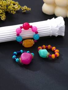 Bộ 3 nhẫn ngón tay hạt cườm màu sắc phong cách dopamine, nhựa resin co giãn, thiết kế bất đối xứng phối màu tương phản - Nhiều màu - Xem 3