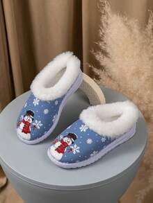 Girls Cute Playful Light Blue Snowman Print Plush Slippers, Thermal Lining Style, Suitable For Home Leisure Autumn/Winter Wear - Dusty Blue - View 3